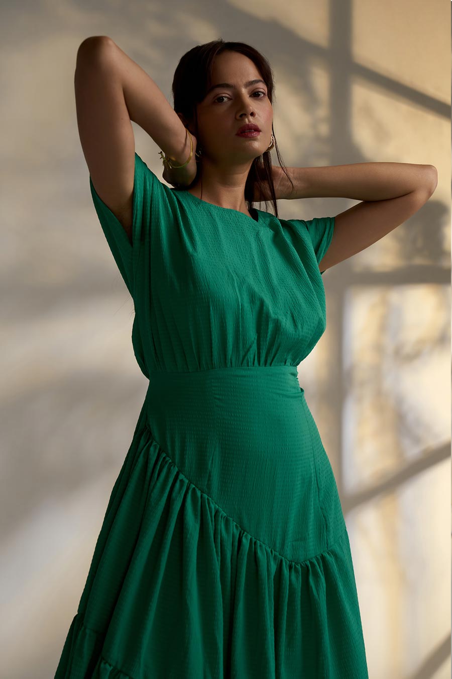 Green Asymmetric Waist Tier Dress