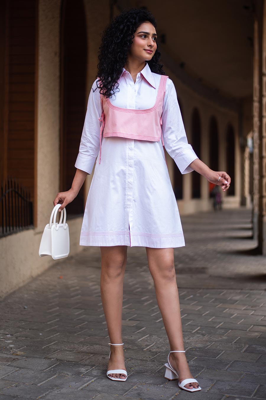 White Bloom Dress With Pink Jacket