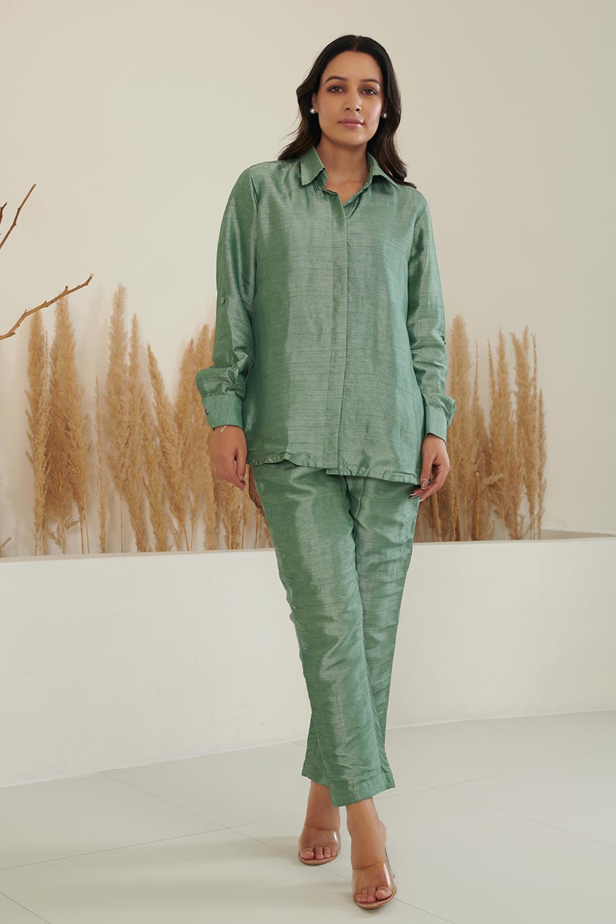 KAi Green Colour Block Silk Co-Ord Set