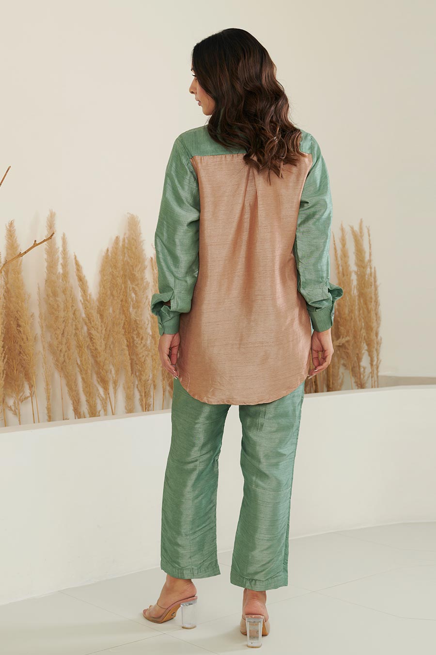 KAi Green Colour Block Silk Co-Ord Set