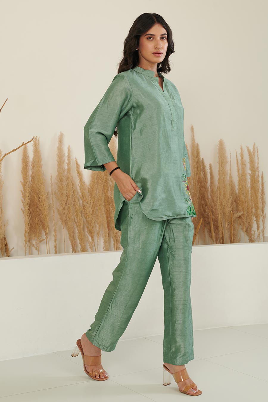 ERa Sage Green Silk Embroidered Co-Ord Set