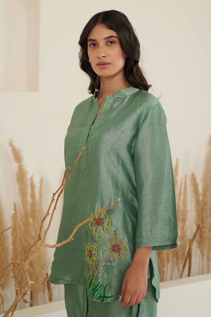 ERa Sage Green Silk Embroidered Co-Ord Set