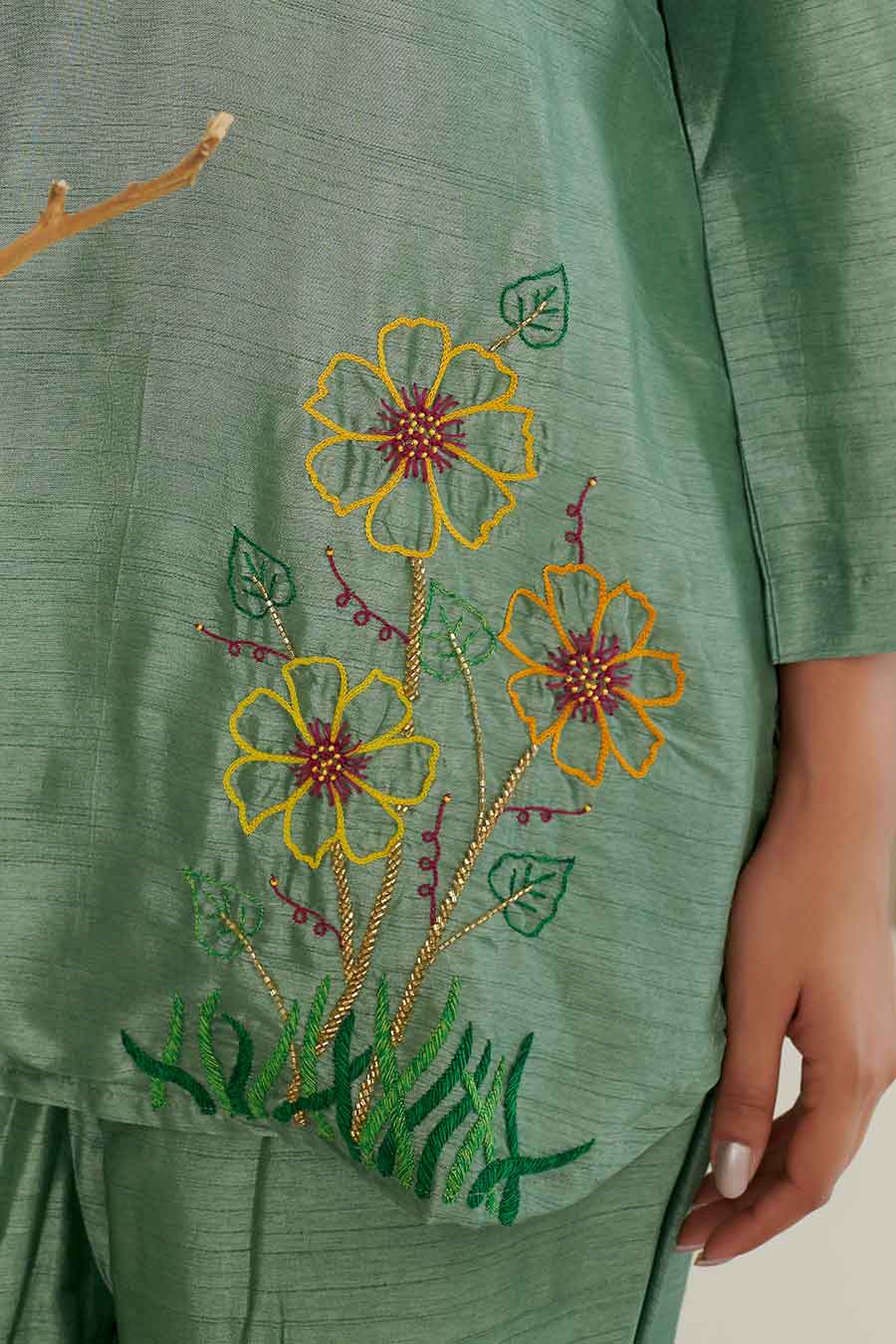 ERa Sage Green Silk Embroidered Co-Ord Set