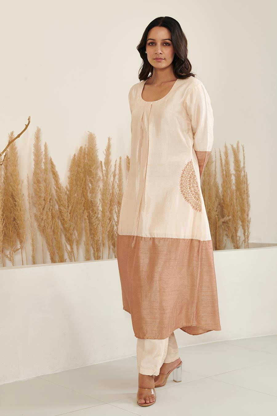 Sol Colour Block Embroidered Silk Kurta Set