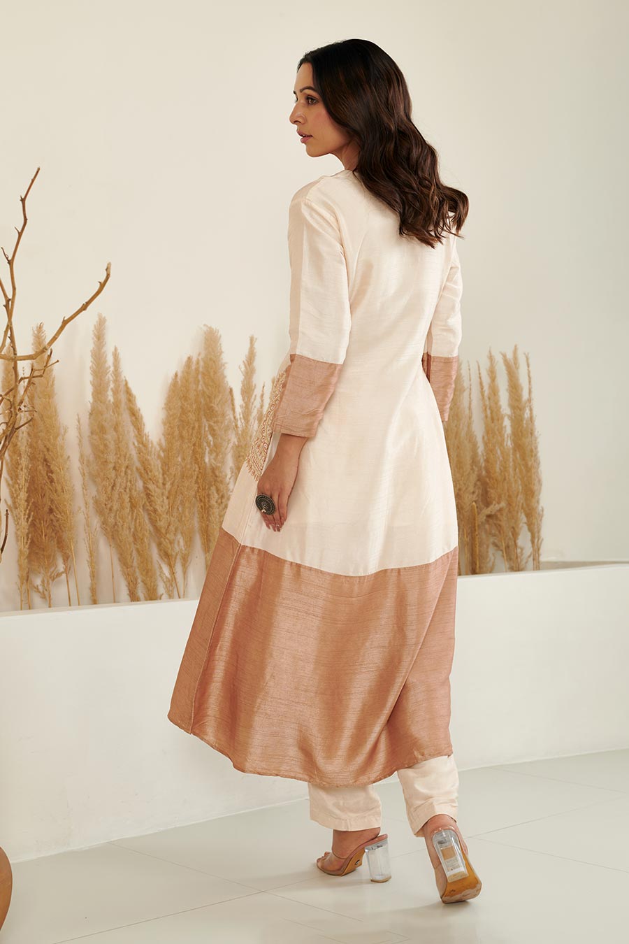 Sol Colour Block Embroidered Silk Kurta Set