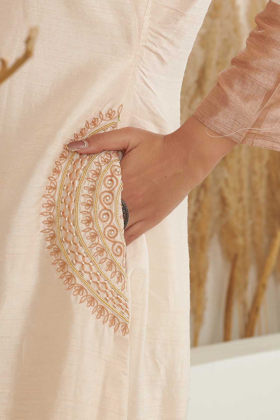 Sol Colour Block Embroidered Silk Kurta Set