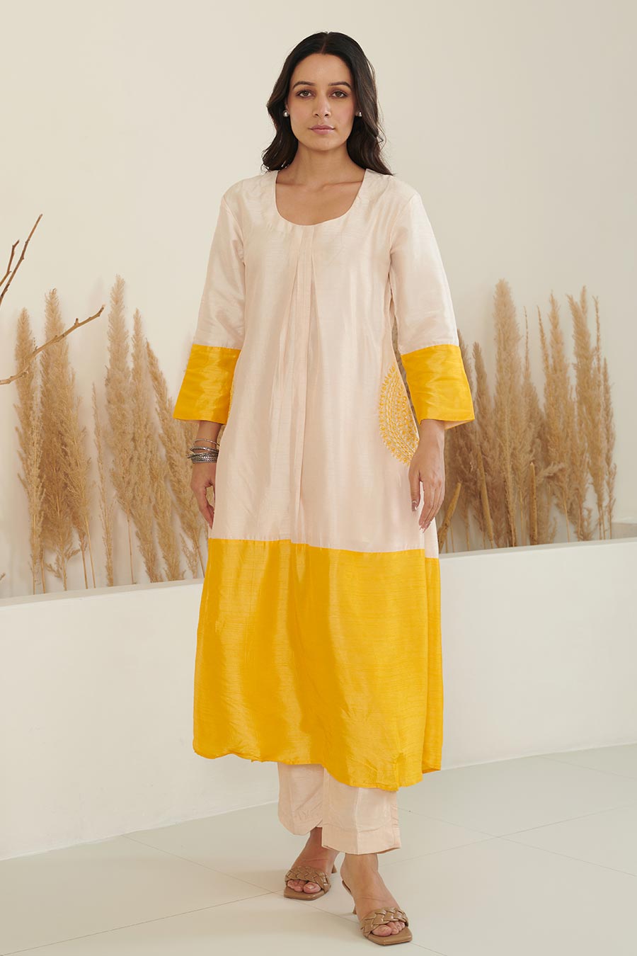 Sol Colour Block Embroidered Silk Kurta Set