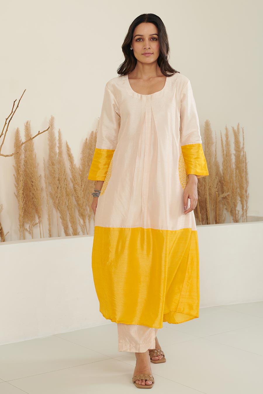 Sol Colour Block Embroidered Silk Kurta Set