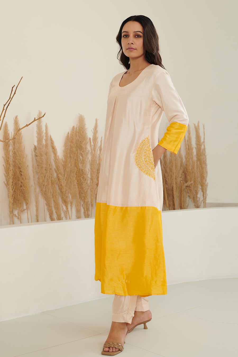 Sol Colour Block Embroidered Silk Kurta Set