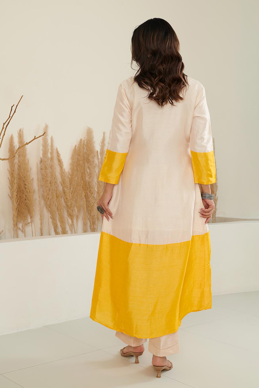 Sol Colour Block Embroidered Silk Kurta Set