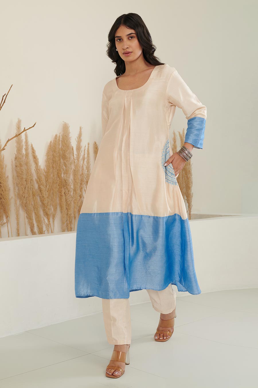 Sol Colour Block Embroidered Silk Kurta Set
