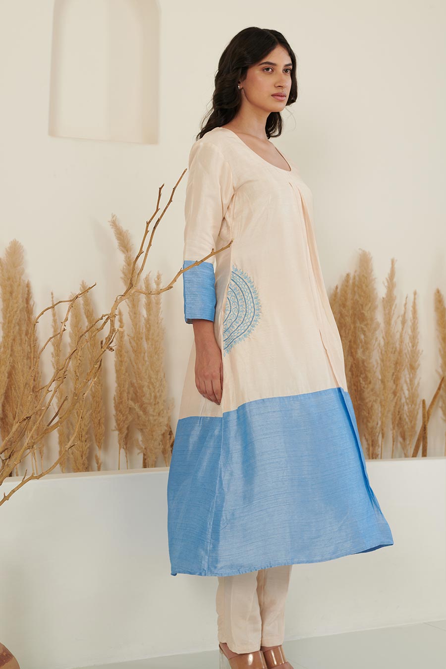Sol Colour Block Embroidered Silk Kurta Set