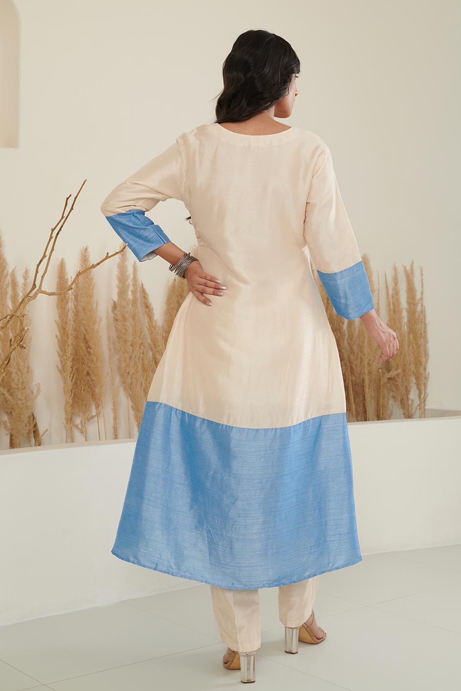Sol Colour Block Embroidered Silk Kurta Set