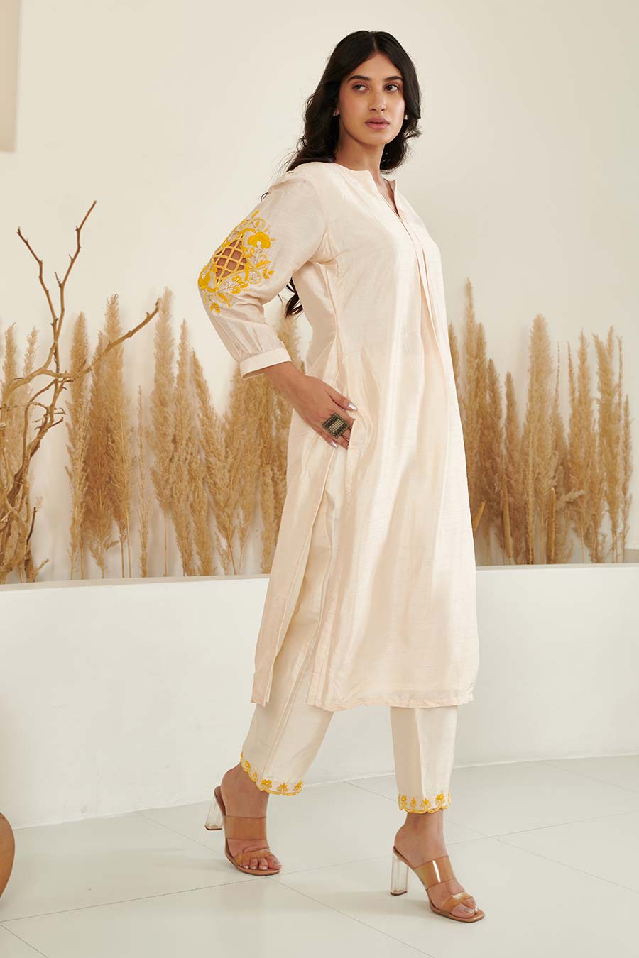 KoSi Ivory Silk Embroidered Kurta Set