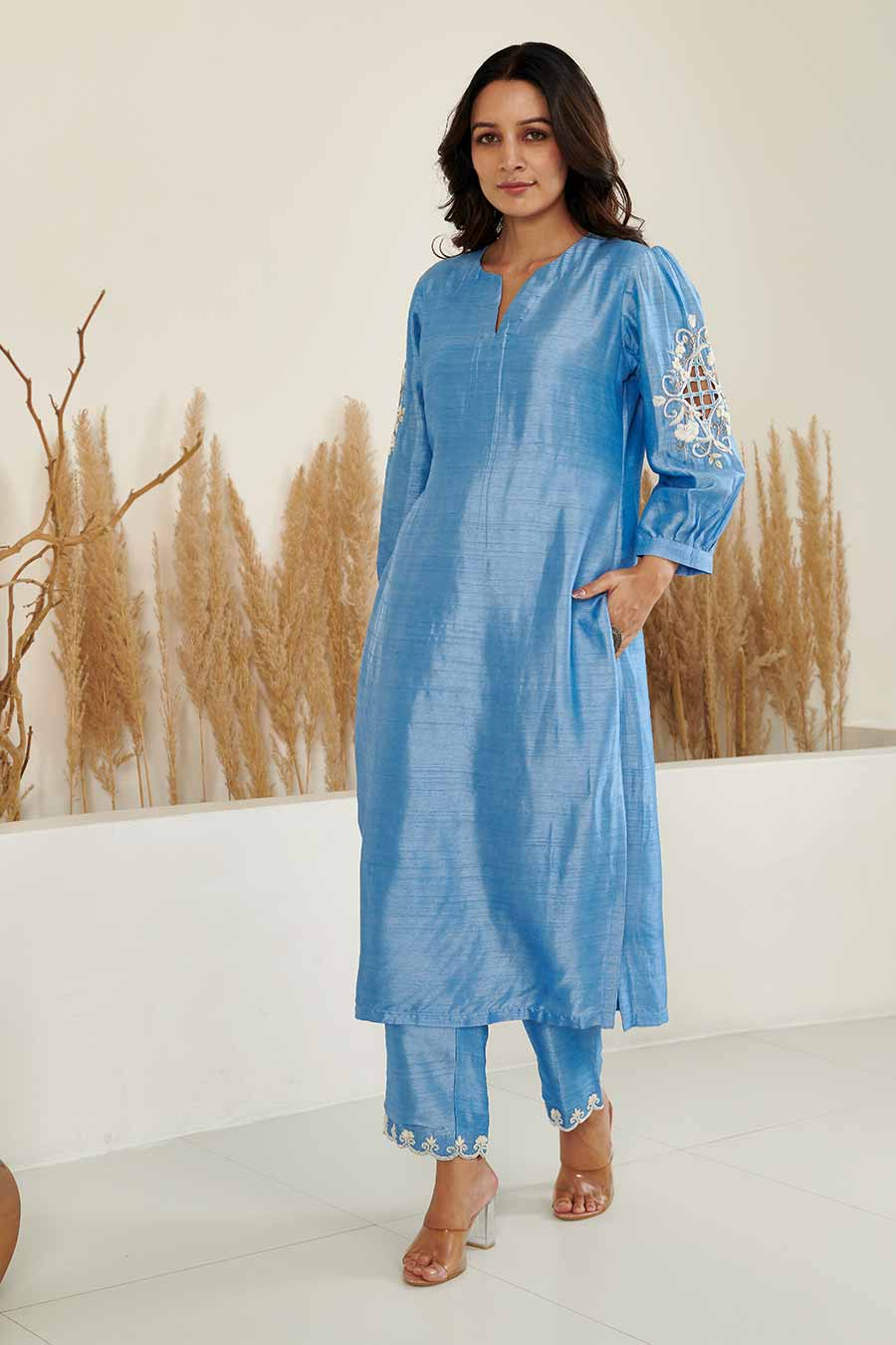 KoSi Blue Silk Embroidered Kurta Set