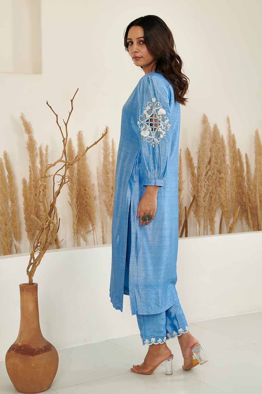 KoSi Blue Silk Embroidered Kurta Set