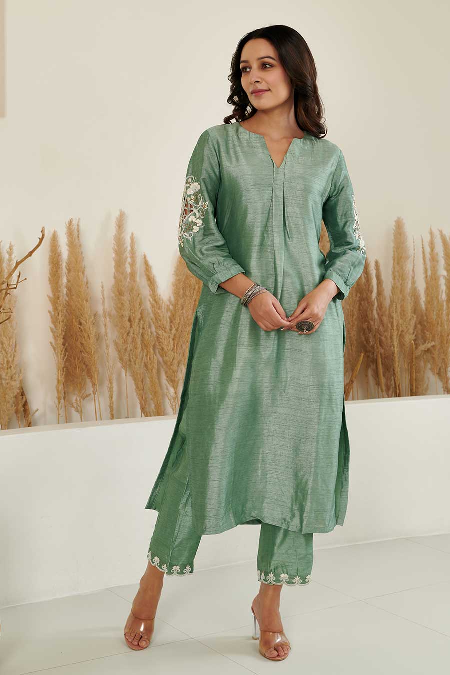 KoSi Green Silk Embroidered Kurta Set