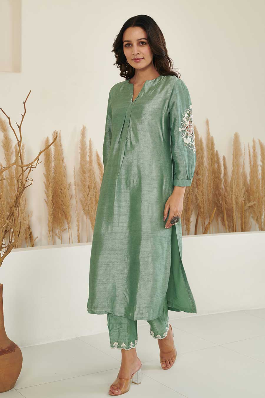 KoSi Green Silk Embroidered Kurta Set