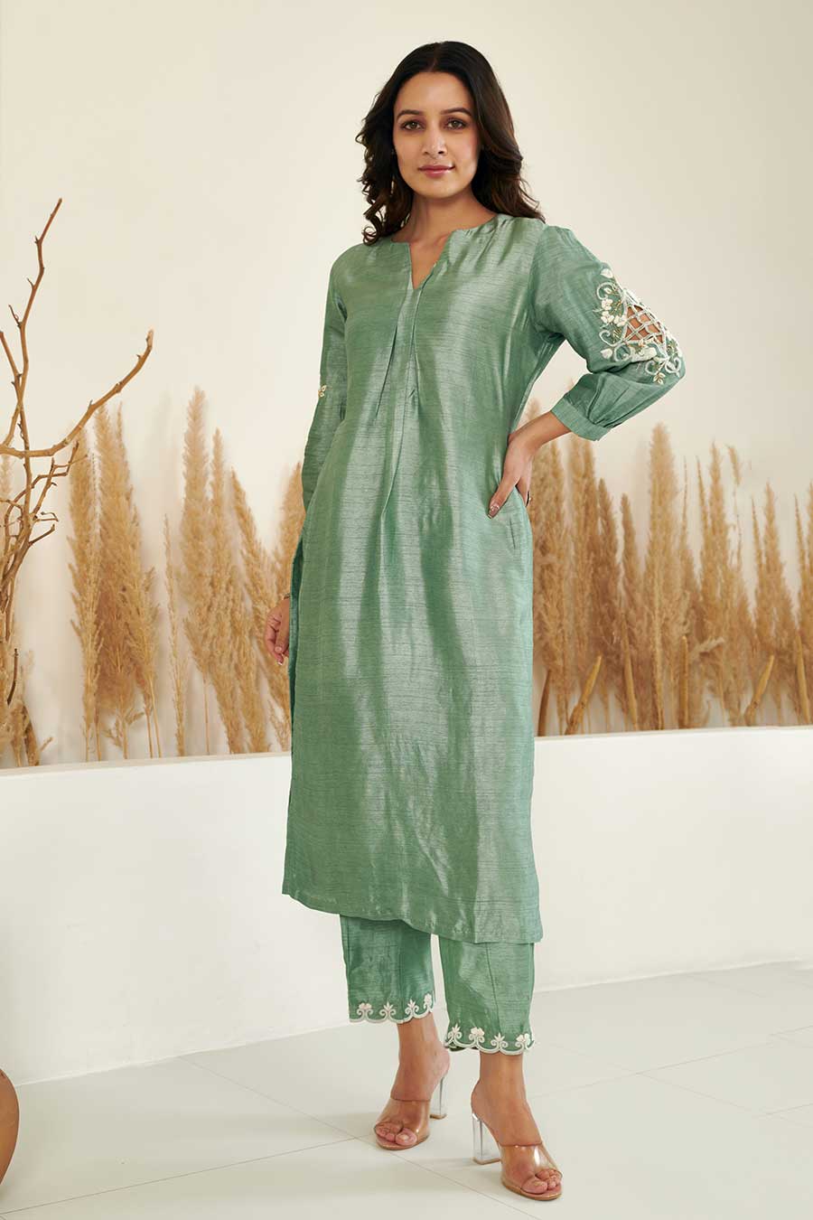 KoSi Green Silk Embroidered Kurta Set