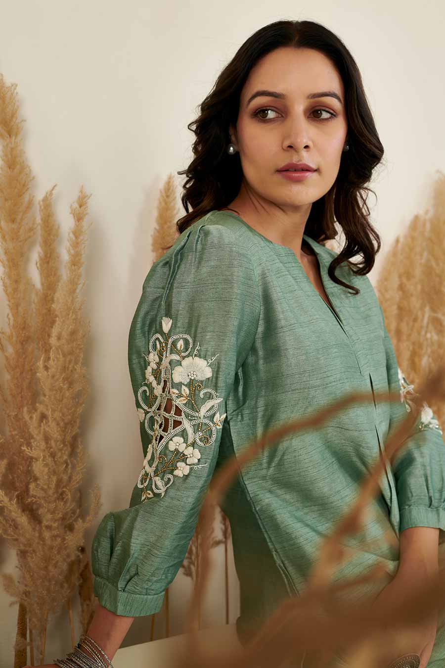 KoSi Green Silk Embroidered Kurta Set