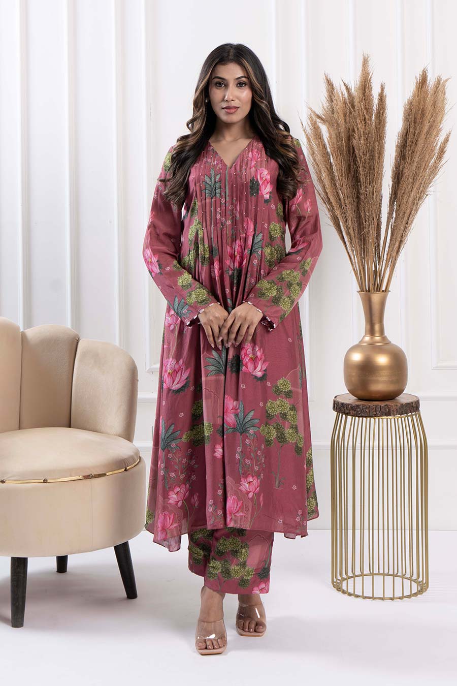 Mauve Printed Pintuck Kurta & Pant Set