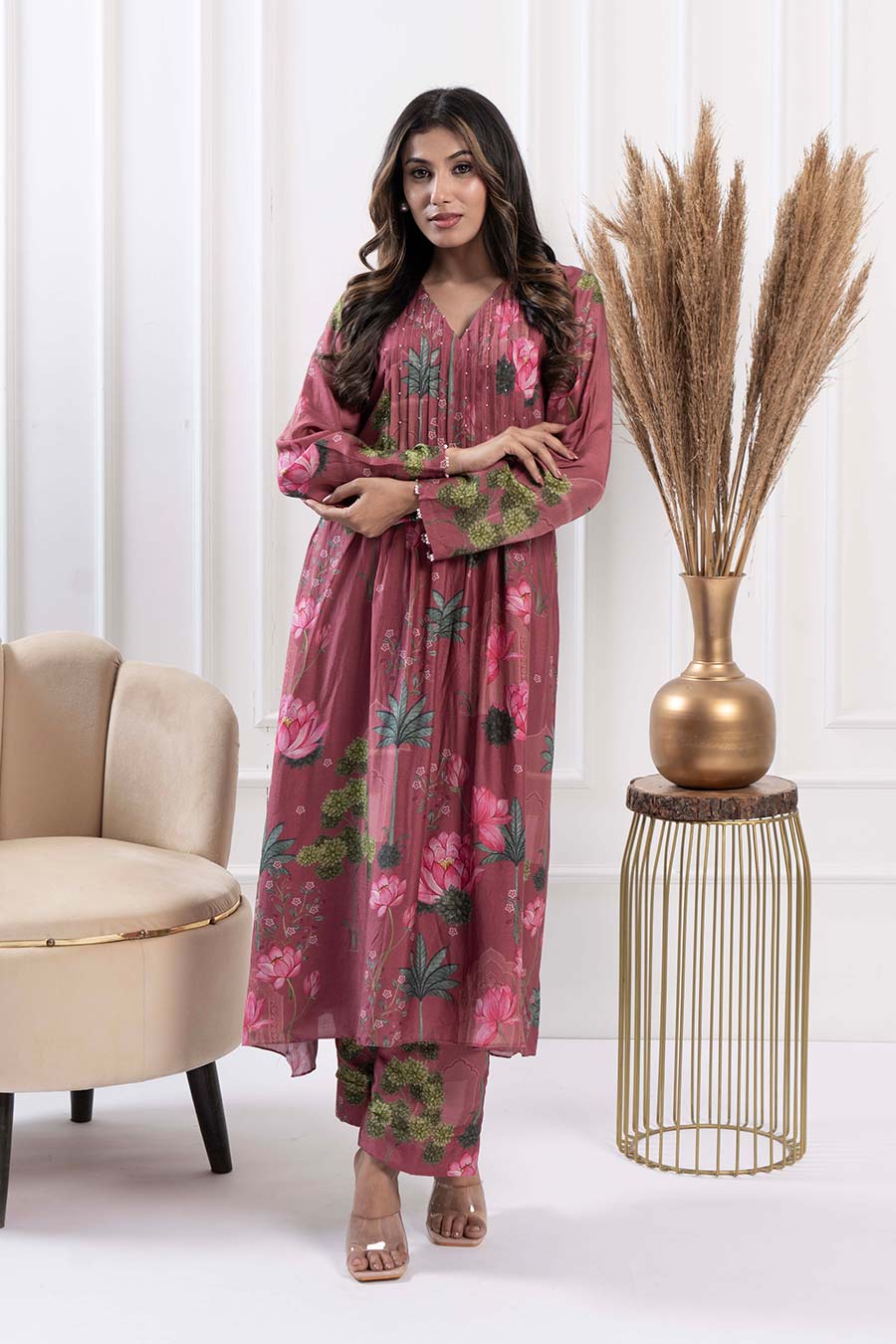 Mauve Printed Pintuck Kurta & Pant Set