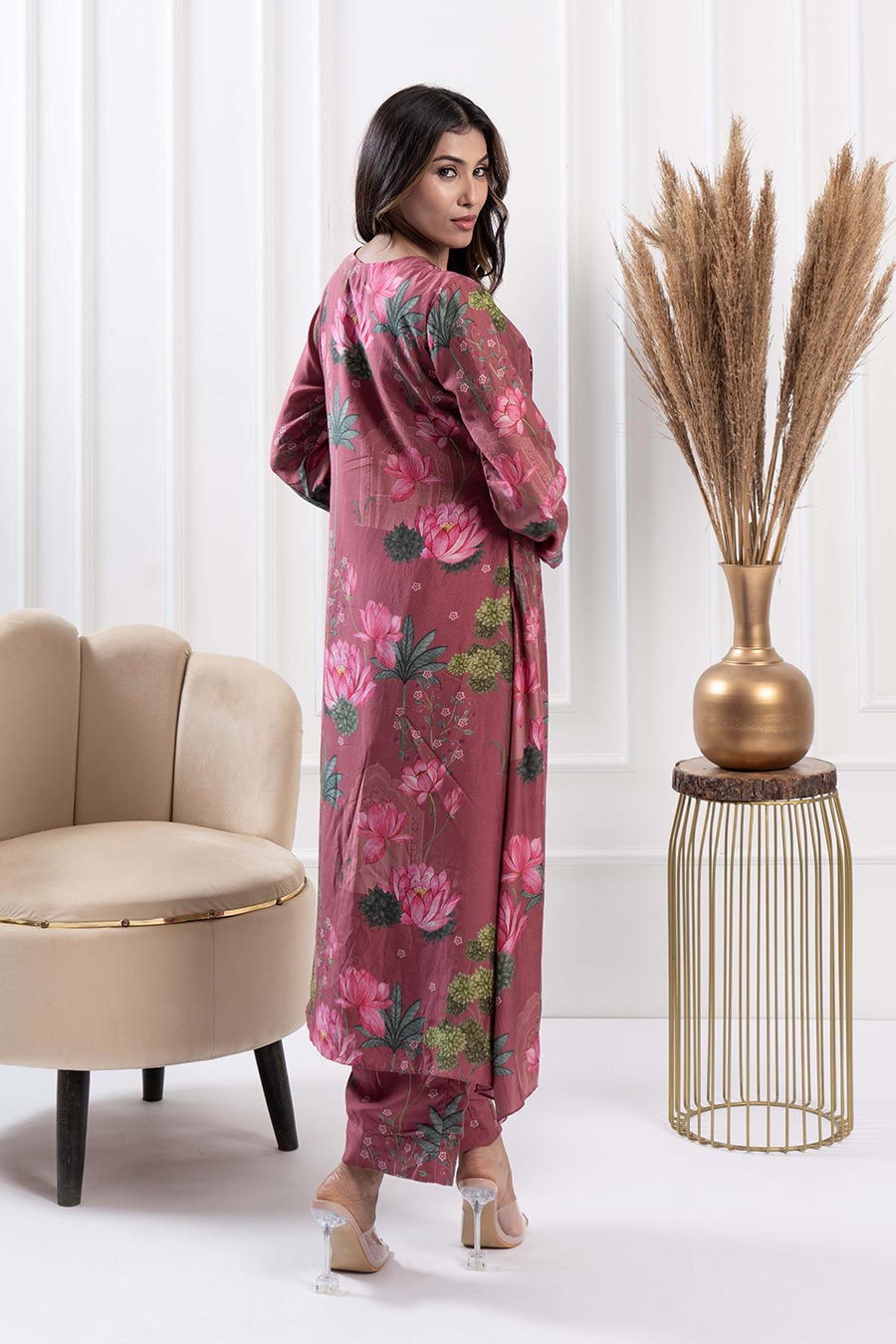 Mauve Printed Pintuck Kurta & Pant Set