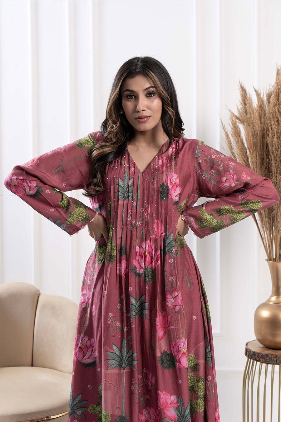 Mauve Printed Pintuck Kurta & Pant Set