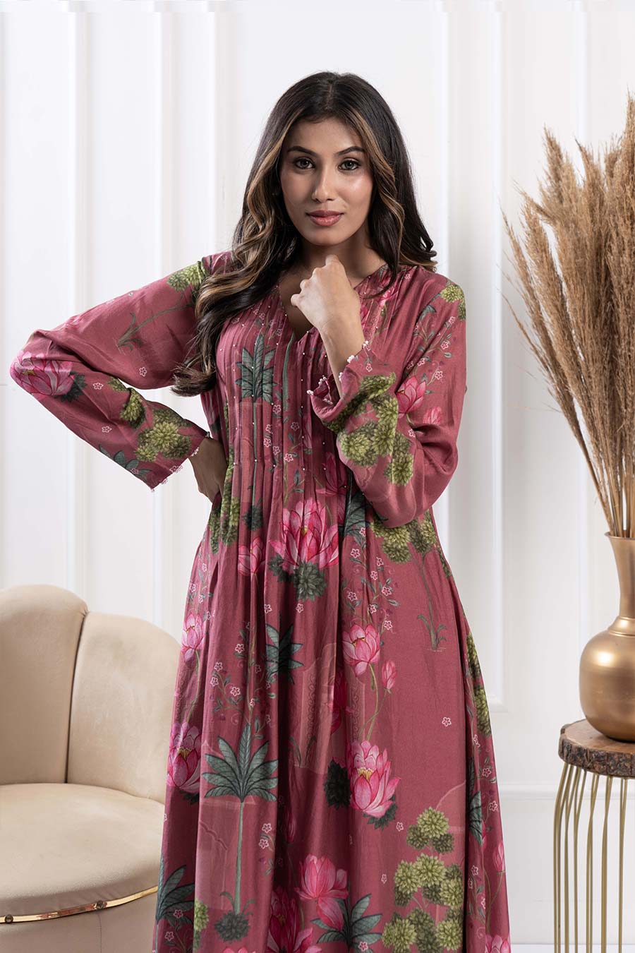 Mauve Printed Pintuck Kurta & Pant Set