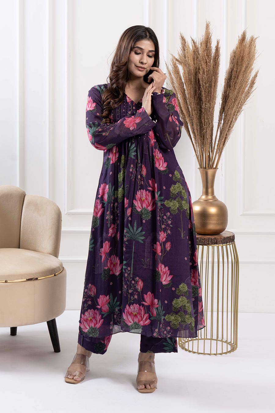Purple Printed Pintuck Kurta & Pant Set