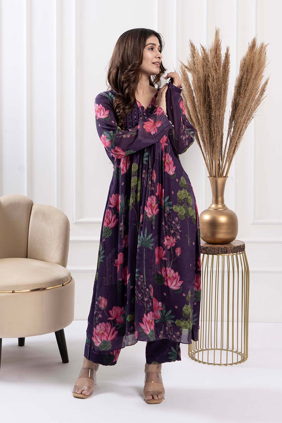 Purple Printed Pintuck Kurta & Pant Set