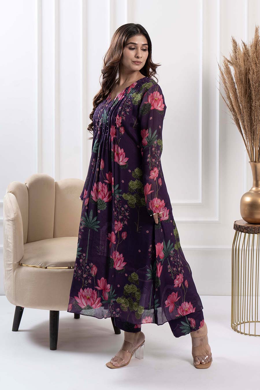 Purple Printed Pintuck Kurta & Pant Set