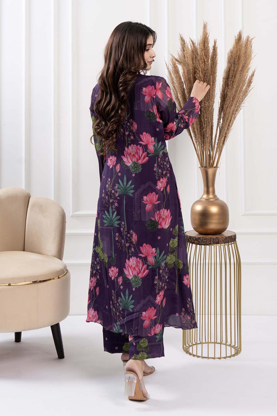 Purple Printed Pintuck Kurta & Pant Set