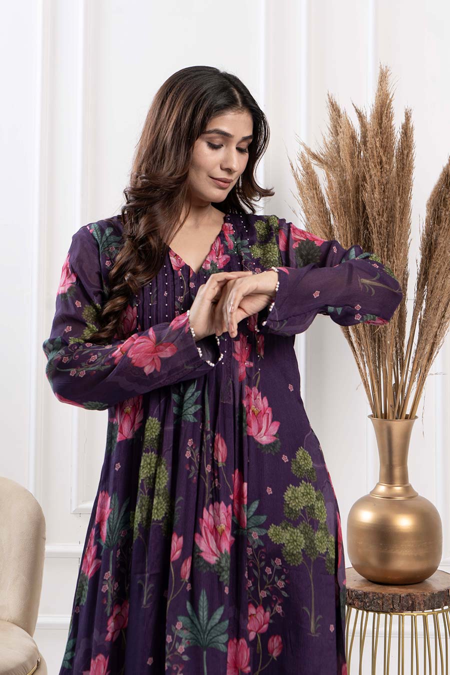 Purple Printed Pintuck Kurta & Pant Set