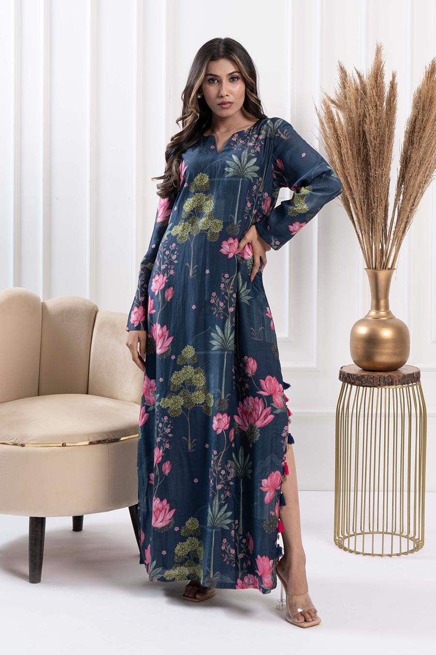 Blue Floral Print Embellished Maxi Dress