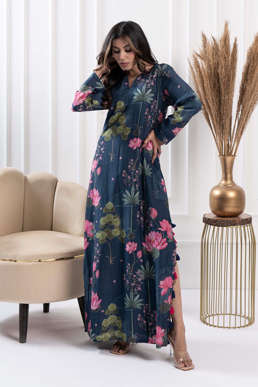 Blue Floral Print Embellished Maxi Dress