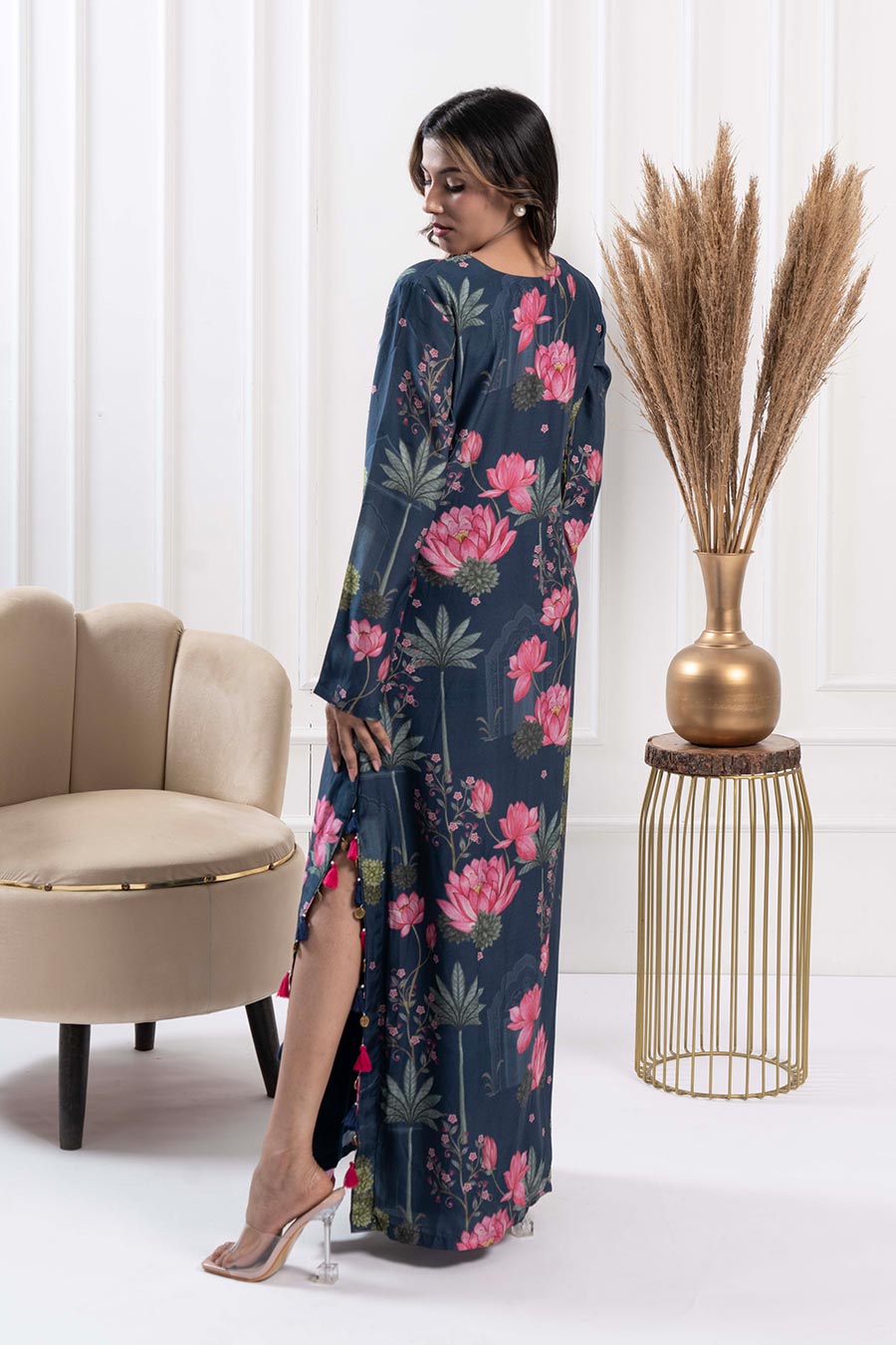 Blue Floral Print Embellished Maxi Dress