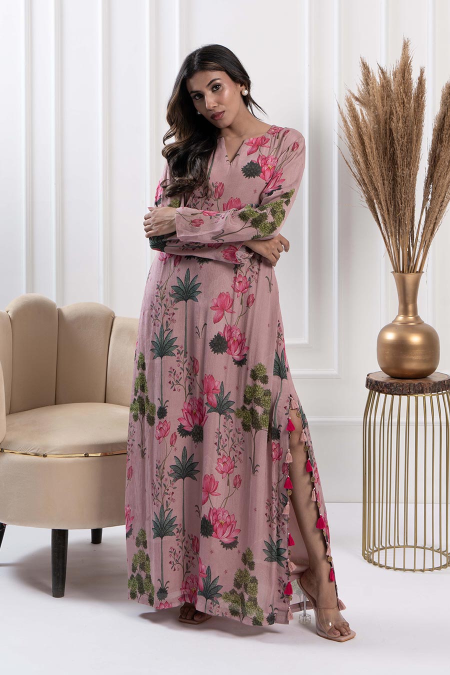 Dusty Pink Floral Print Embellished Maxi Dress