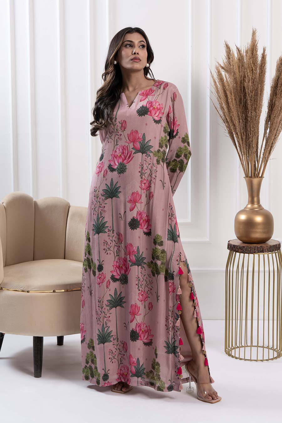 Dusty Pink Floral Print Embellished Maxi Dress