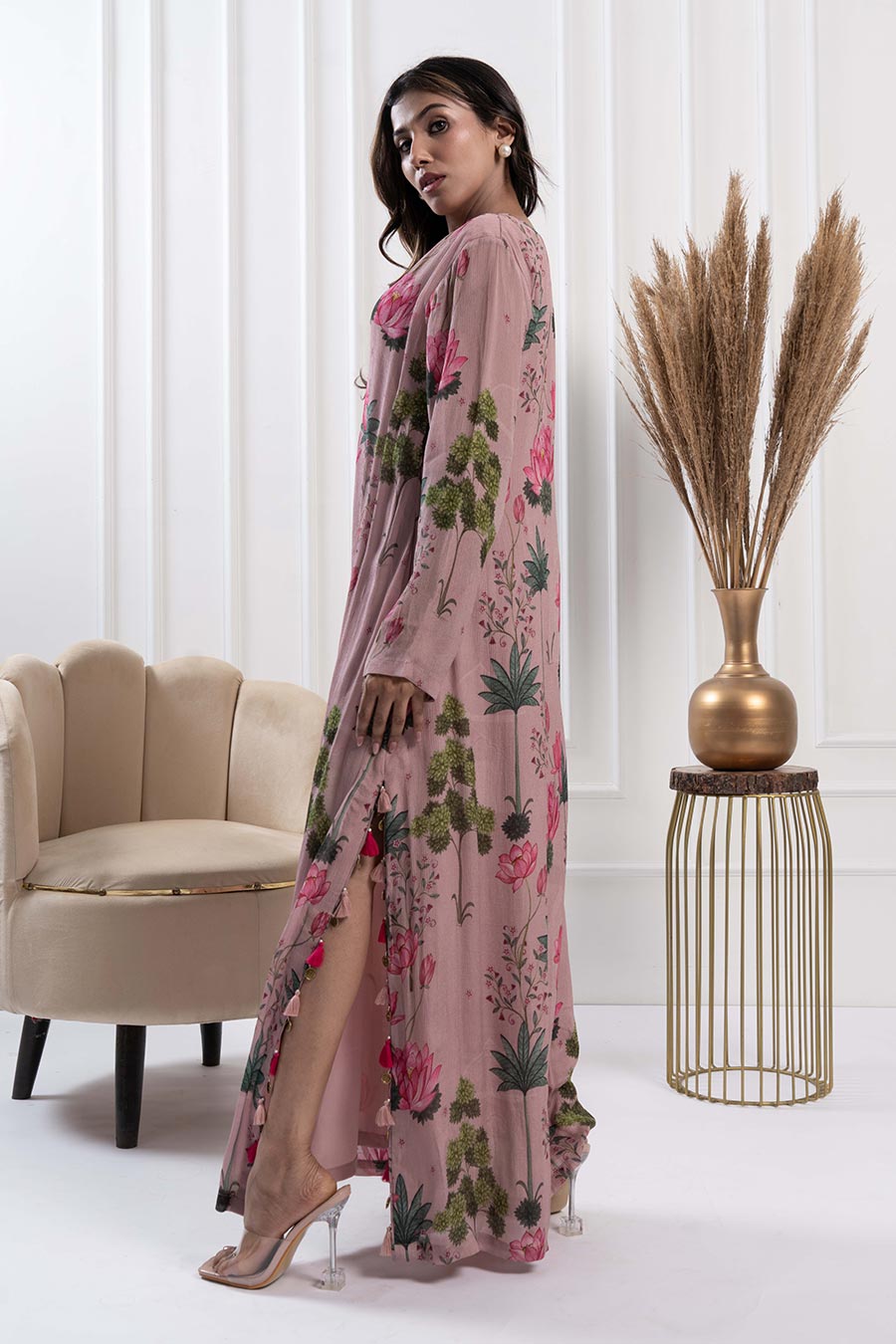 Dusty Pink Floral Print Embellished Maxi Dress