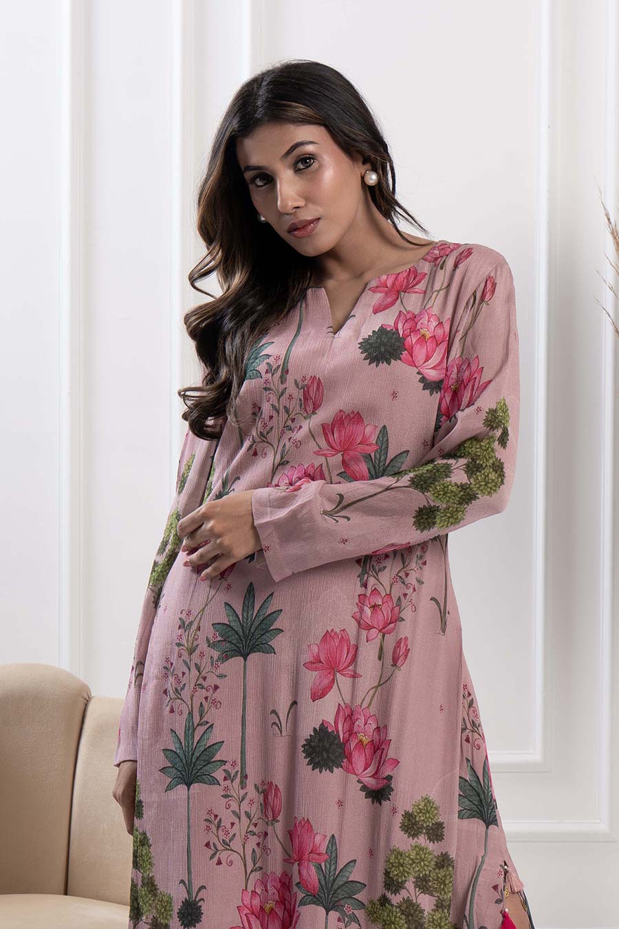 Dusty Pink Floral Print Embellished Maxi Dress