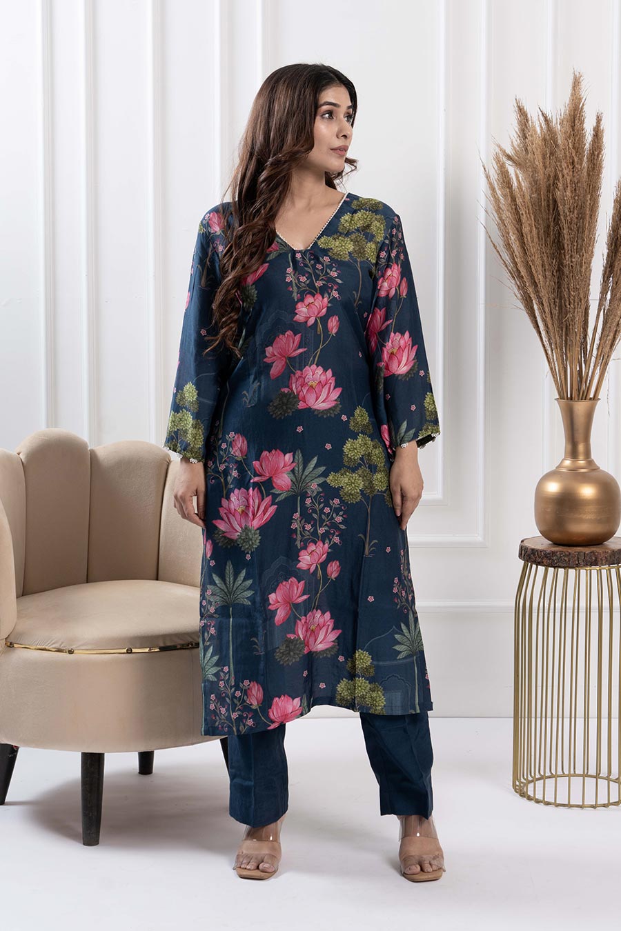 Blue Printed Pearl Embellished Kurta & Pant Set