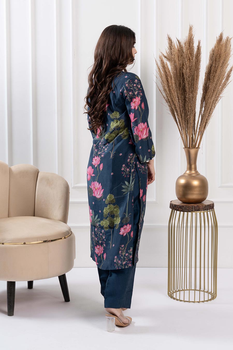 Blue Printed Pearl Embellished Kurta & Pant Set