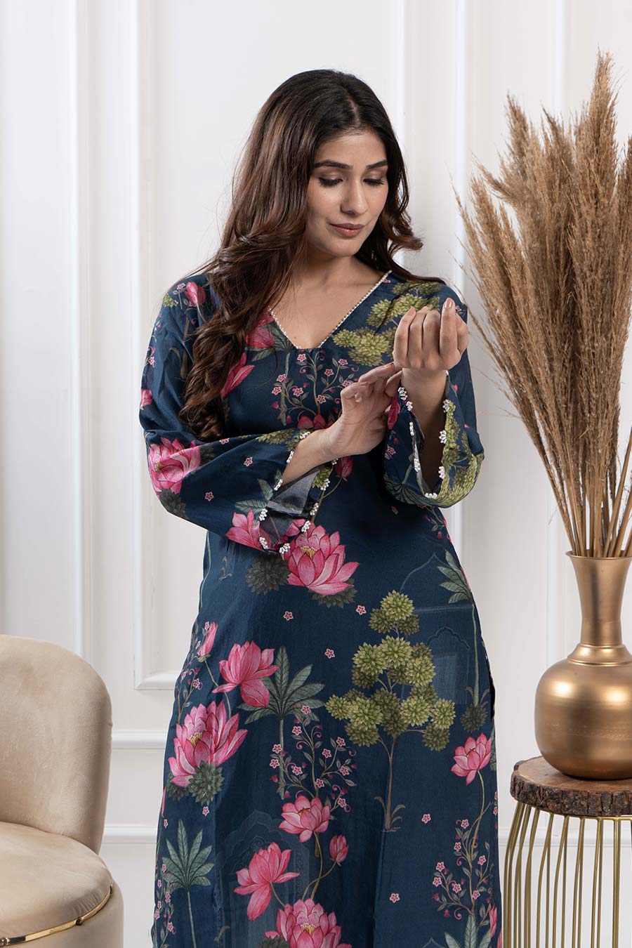 Blue Printed Pearl Embellished Kurta & Pant Set