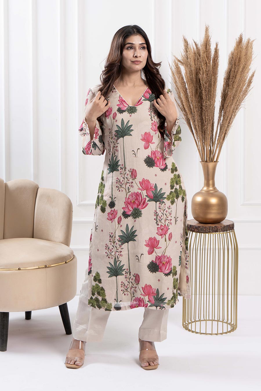 Ivory Printed Pearl Embellished Kurta & Pant Set