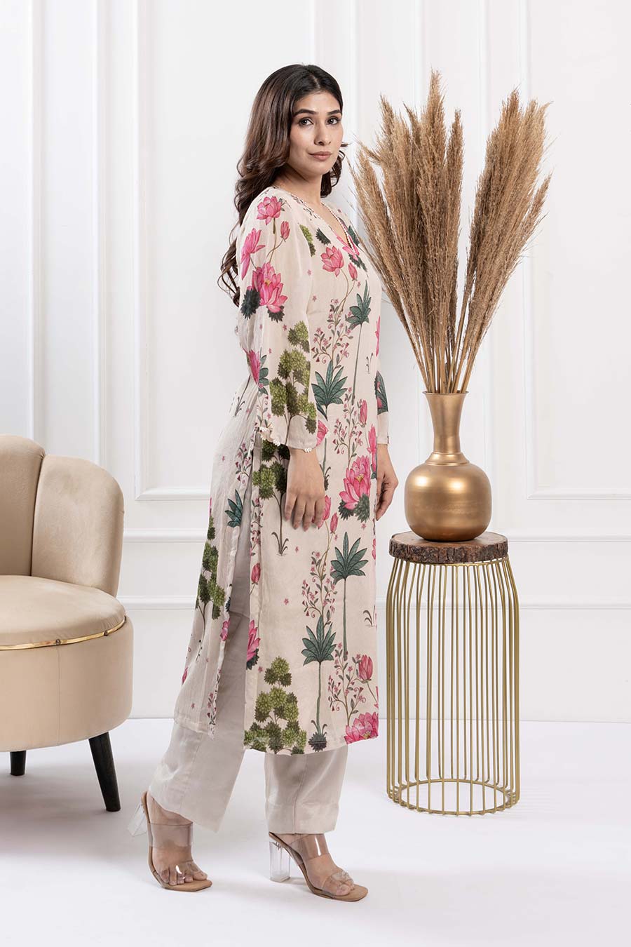 Ivory Printed Pearl Embellished Kurta & Pant Set
