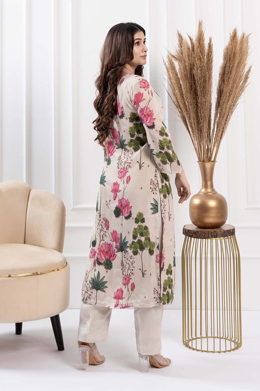 Ivory Printed Pearl Embellished Kurta & Pant Set