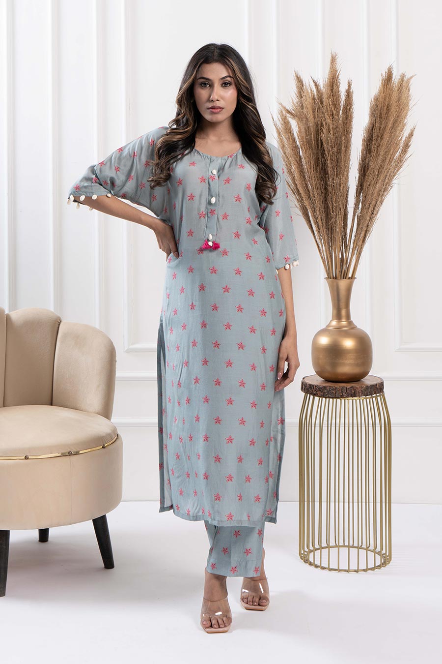 Blue Printed Shell Embellished Kurta & Pant Set