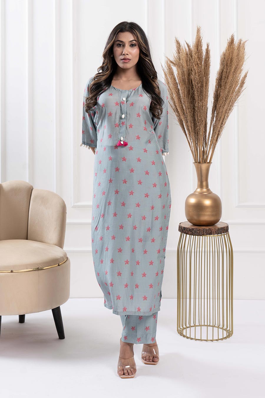 Blue Printed Shell Embellished Kurta & Pant Set