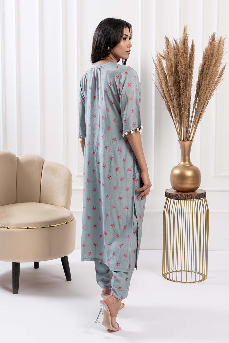 Blue Printed Shell Embellished Kurta & Pant Set